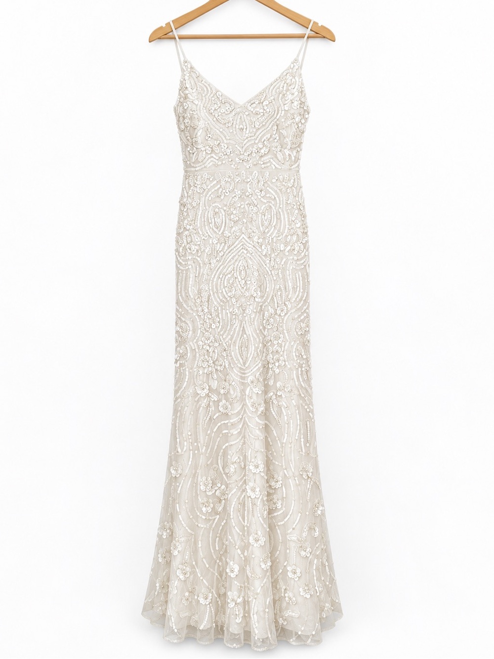 Ivory Beaded Sequin Floral Formal Bridal Gown Stretch Lined Maxi Dress